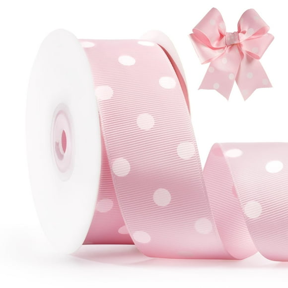 Cinta de grogrén con lunares FAKILO, 3,8 cm x 22 m, rosa y blanco