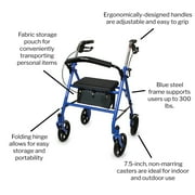 McKesson Rollator Walker for Seniors with Seat, Wheels - Blue, 300 lbs Capacity, 1 Ct