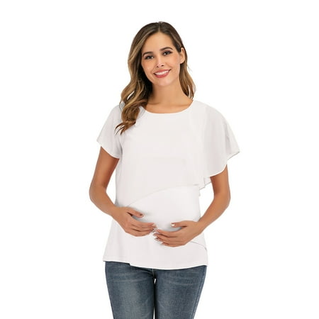 

Wiueurtly Womens Maternity Irregular Soild Hem Tee Shirt Casual Short Sleeve Crew Neck Basic Nursed T Shirt Top Breastfeeding Maternity Space Shirt