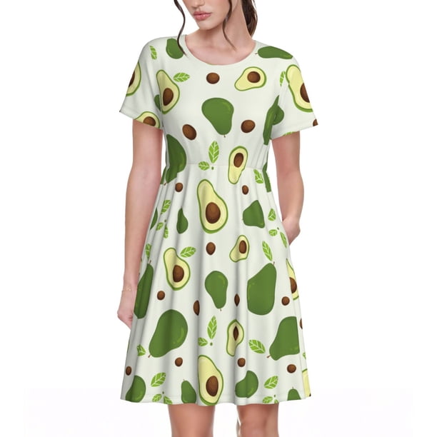 Easygdp Green Avocado para Vestido Transpirable de Mujer, Vestido Suelto de Manga Corta con Pliegues y Bolsillos para el Verano