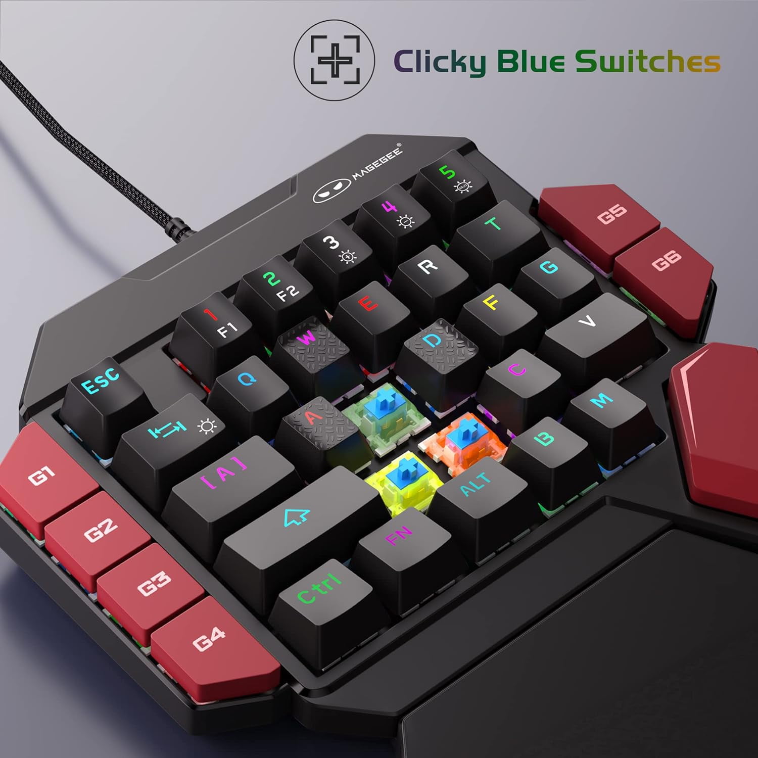 MageGee One Handed Professional Gaming Keyboard, RGB Backlit 35 Keys Mini Wired Mechanical Keyboard with Blue Switch for PC Gamer, Support 6 Macro Keys