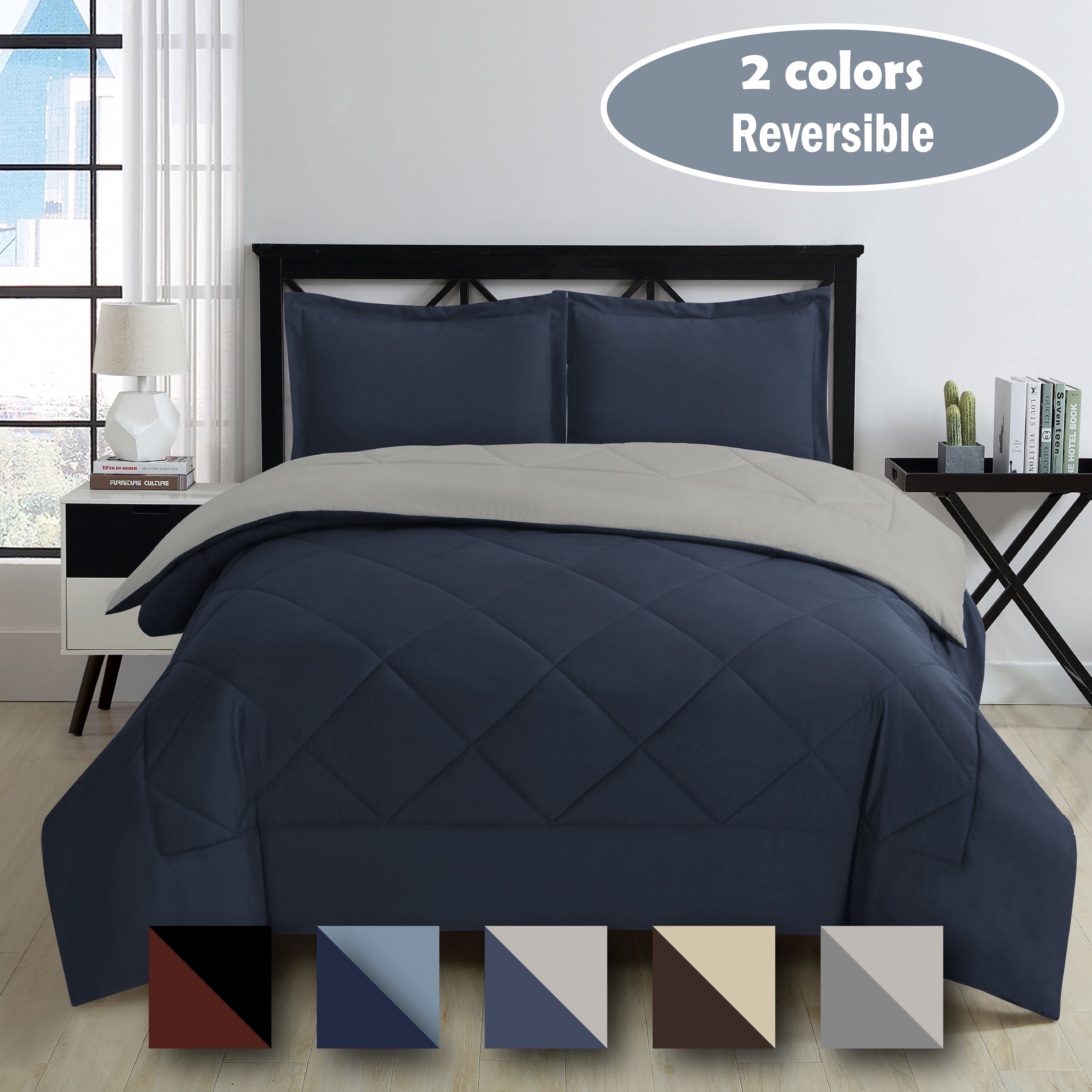 Full/Queen 2 Colors Reversible All Season Comforter & Sham Set, Patriot  Blue/Stone 