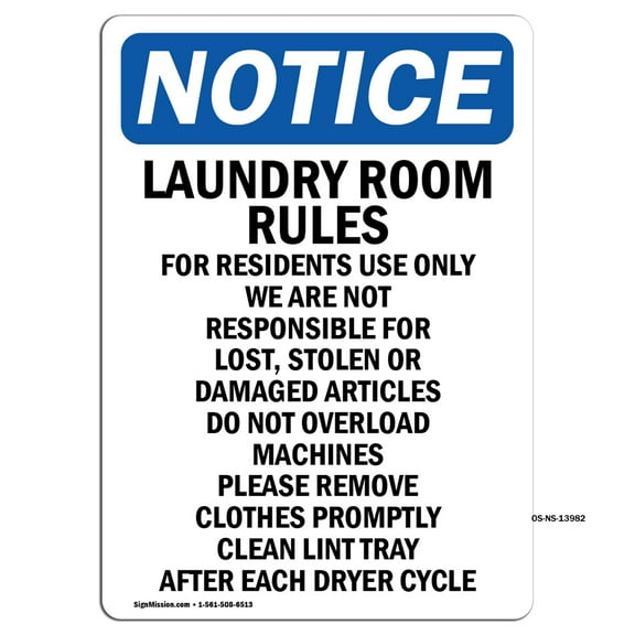 OSHA Notice Signs - Laundry Room Rules For Residents | Decal | Protect Your Business, Construction Site, Warehouse | Made in the USA