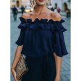 thumbnail image 5 of Women's Off Shoulder Ruffle Short Sleeve Chiffon Blouse Navy Blue XXL, 5 of 7