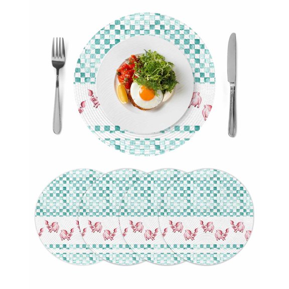 Green Plaid Farmhouse Round 15 Inch Placemats Set of 4, Watercolor Cute Country Pigs Checkered HeatResistant Non Slip Place Mats for Dining Table, Wipeable Braided Kitchen Table Mats for Housewarming