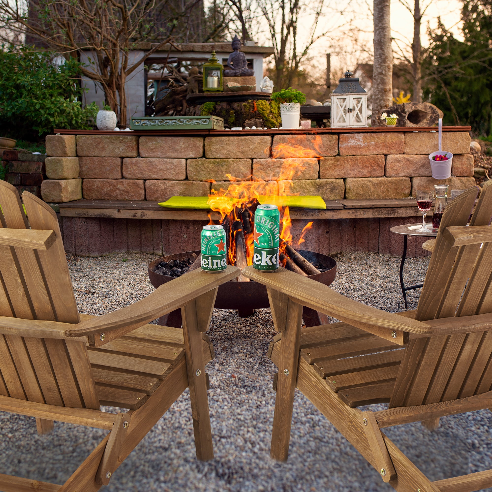 Set Of 2 Folding Adirondack Chair 36In Natural Hemlock Wood Light Brown Patio Porch Deck Garden Lawn Backyard Pool Fire Pit Lounge Wide Armrests Tall Backrest Half Pre Assembled Solid Wood Kit