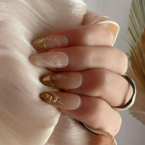 Huhudde Almond Press On Nails 24 Pieces False Nails Full Covers Stick on Nails Manicure Decoration with Metallic Design