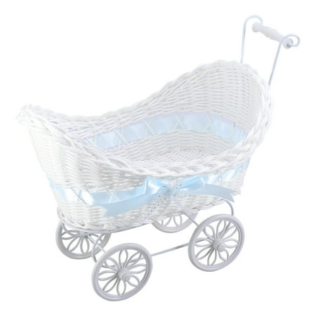 

1pc Cart Cane Tricycles Flower Basket Knitted Flower Mini Car Furnishing Articles for Wedding Baby Shower Party Birthday Decor (Blue)