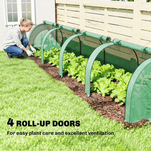 Green & Dark Green Wide Low-Profile Greenhouse with 4 Roll-Up Zipper Doors, UV-Protective PE Cover, Steel Frame, Windproof Level 4 for Balcony & Patio