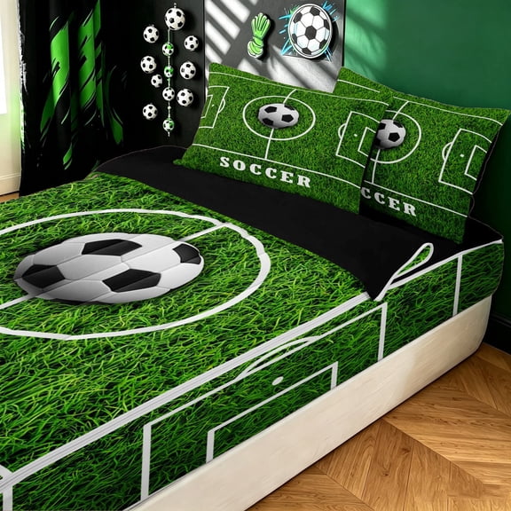 meiyoeat Minimalist Soccer Zipper Twin Comforter Sets with Fitted Sheet and 2 Pillowcases for Boys, Field Ball Sport Zipper Bedding Set, Green, Black Reversible, 4 Pieces