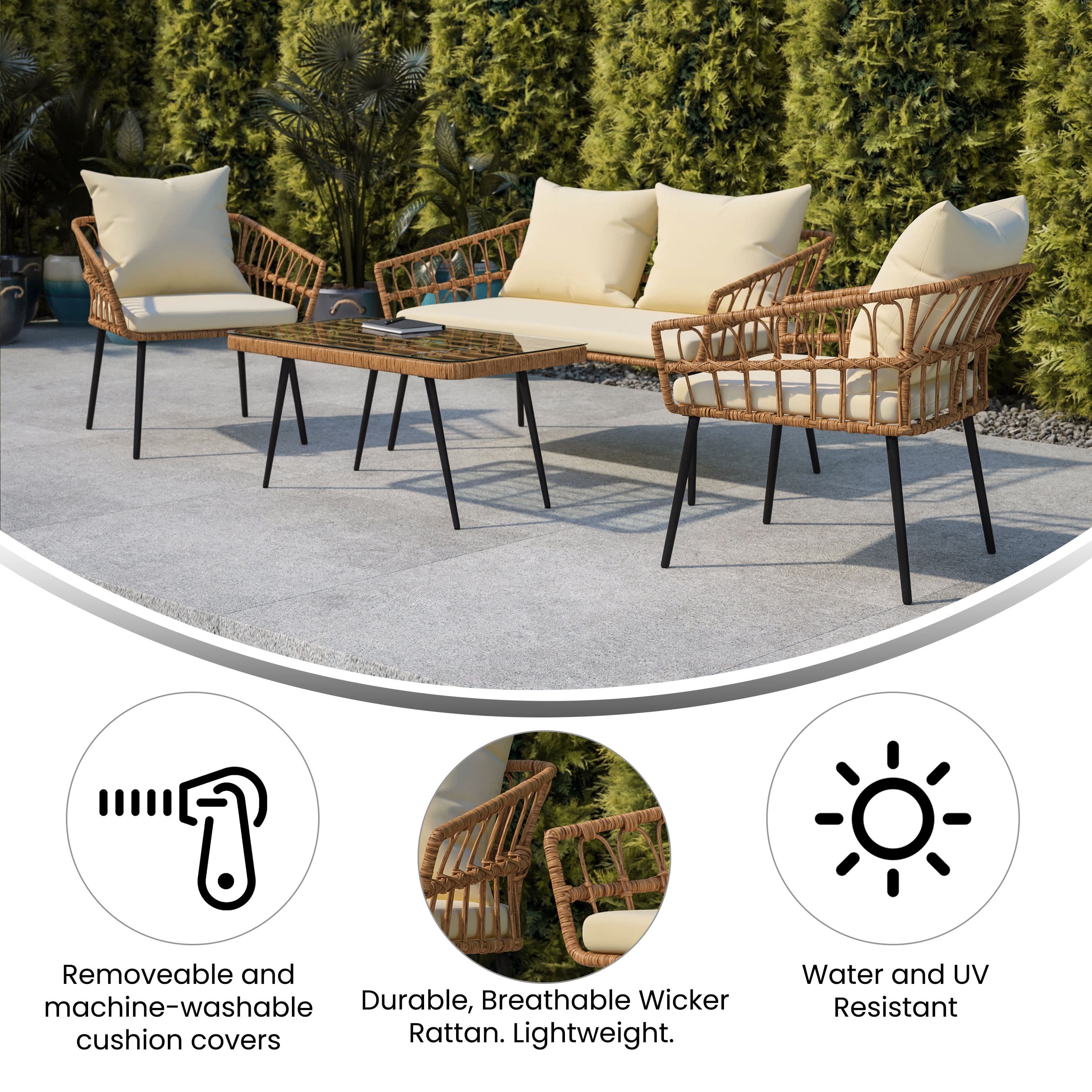 Flash Furniture Evin Boho 4 Piece Indoor/Outdoor Rope Rattan Patio Conversation Set with Tempered Glass Top Coffee Table and Cream Cushions, Natural