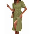 thumbnail image 3 of Womens V Neck Short Sleeve Solid Color Casual Dress Summer Chic Midi Dress Matcha Green S, 3 of 6