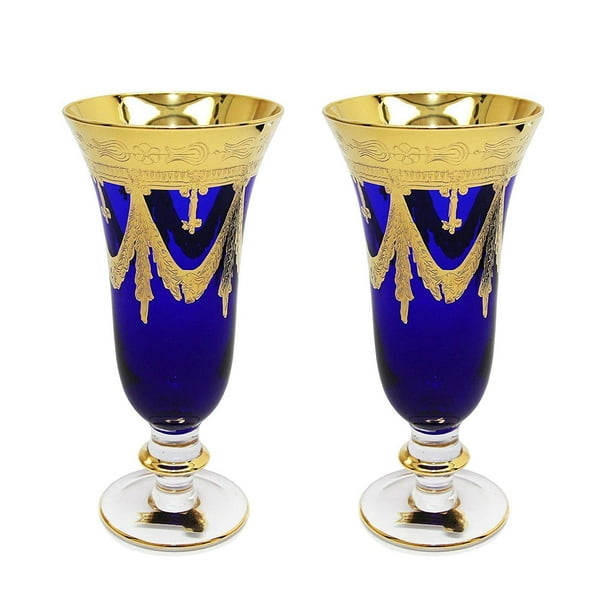interglass italy set of 2 crystal blue champagne glasses 24k gold plated flutes walmart com walmart com