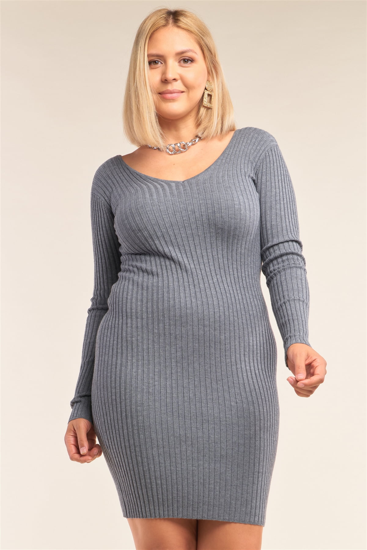 Plus Size Vneck Long Sleeve Ribbed Sweater Bodycon Mini Dress 1XL/2XL