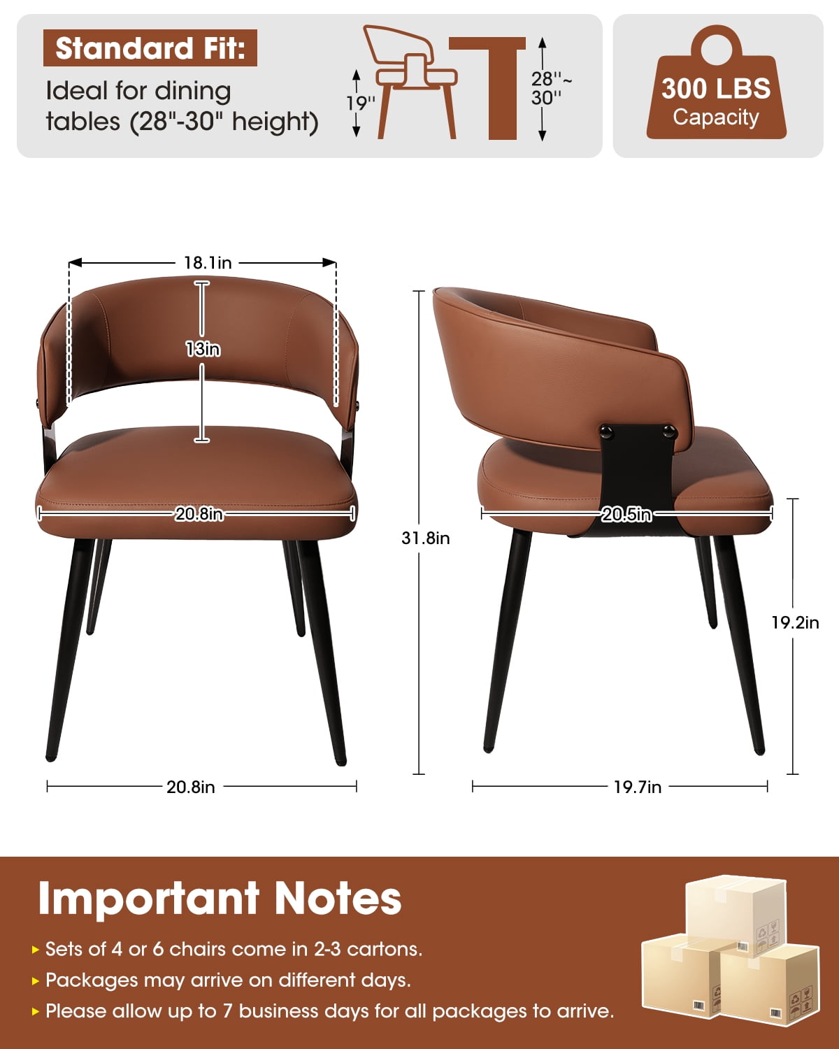 Modern Kitchen Chair Set of 4, Upholstered Faux Leather Dining Chairs with Curved Back, Easy Assembly for Dining Room Restaurant Cafe,Brown