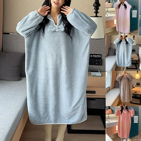 Meichang Long Nightgown for Women Oversized Fleece Long Sleeve Collar Pullover Robe Winter Soft Warm Fuzzy Bathrobe