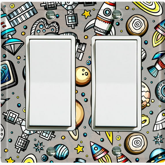Metal Light Switch Wall Plate Outlet Cover (Spaceship UFO Astronaut Rocket Outerspace Star Gray - Double Rocker)
