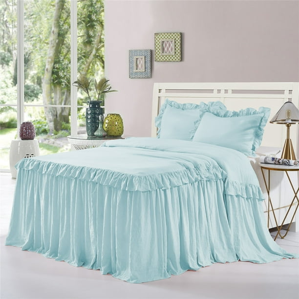 HIG 3 Piece Ruffle Skirt Bedspread Set QueenAqua Color 30 inches Drop