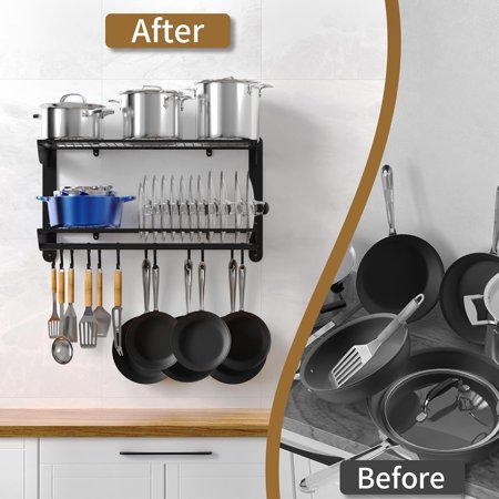 2-Tier 30 Wall Pot Rack with 12 Anti-Drop Hooks — Limited-Time Deal — Heavy-Duty Kitchen Organizer for Cookware Lids & Utensils Black