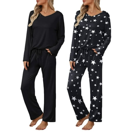 Ekouaer Womens 2 Pack Pajama Set Long Sleeve Pajamas Top and Pants V Neck Pjs Set Soft Loungewear with Pockets Black Star Black XL