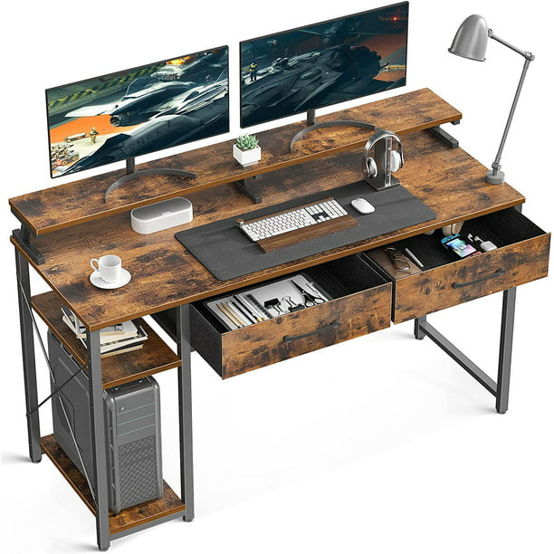 Computer Desk with Drawers and Storage Shelves, 48 inch Home Office Desk with Monitor Stand