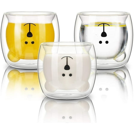 3 Pieces Bear Mugs Cute Tea Coffee Cup Double Wall Insulated Glass Bear Espresso Cups White Glass Mugs for Office Birthday Halloween Christmas Valentines Gifts