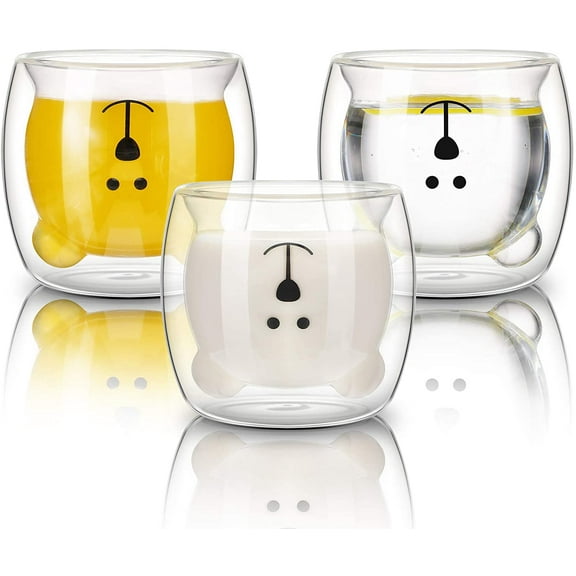 3 Pieces Bear Mugs Cute Tea Coffee Cup Double Wall Insulated Glass Bear Espresso Cups White Glass Mugs for Office Birthday Halloween Christmas Valentines Gifts