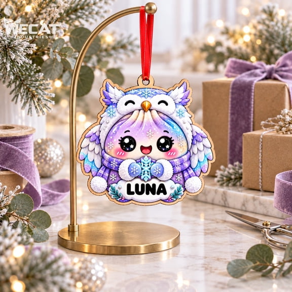 Wooden Ornament Snowy Owl Dumpling with Personalized Name for Christmas Tree, Winter Gift