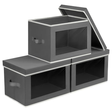 Storage Bins with Lids - Fabric Storage Boxes with Lids, Collapsible Storage Bins with Window, Decorative Closet Organizers and Storage for Clothes, Towels, Books, 3 Pack, Dark Grey