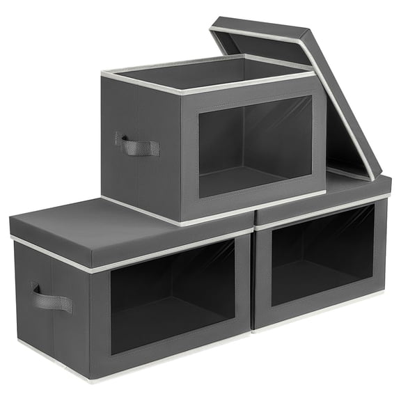 Storage Bins with Lids - Fabric Storage Boxes with Lids, Collapsible Storage Bins with Window, Decorative Closet Organizers and Storage for Clothes, Towels, Books, 3 Pack, Dark Grey