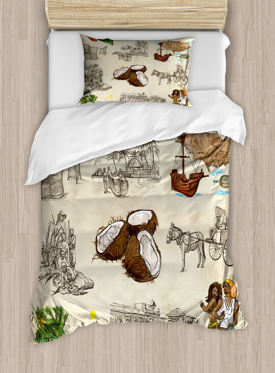 Jamaican Duvet Cover Set Twin Size, Hand Drawn Illustrations of