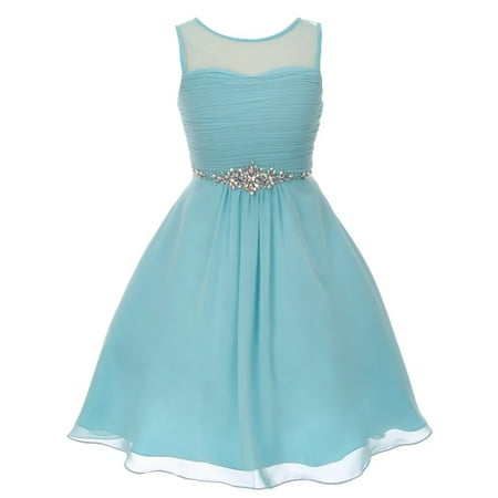 - Girls Aqua Glitter Rhinestone Chiffon Flower Girl Dress 8-16