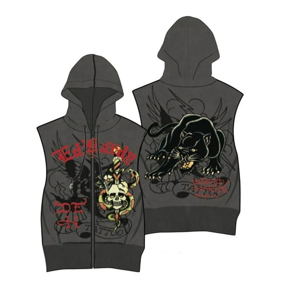 Ed Hardy Panther Skull Fleece Zip Up Cut Off Hoodie - EHM1304-6 (Charcoal, XXL)