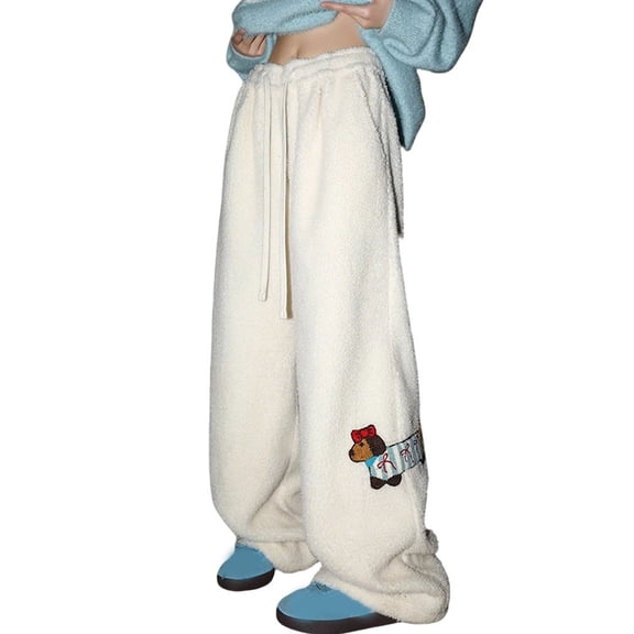 Arlun Wide Leg Warm Sherpa Pants Y2k Womens Winter Thick Baggy Long Pants Cute Dachshund Embroidery Elastic Waist Drawstring Streetwear Trousers 2025 Stylish Outfits White XL