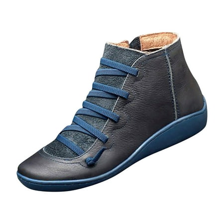 

Inkach Women Casual Flat Leather Retro Lace-Up Boots Side Zipper Plus Shoe Boots