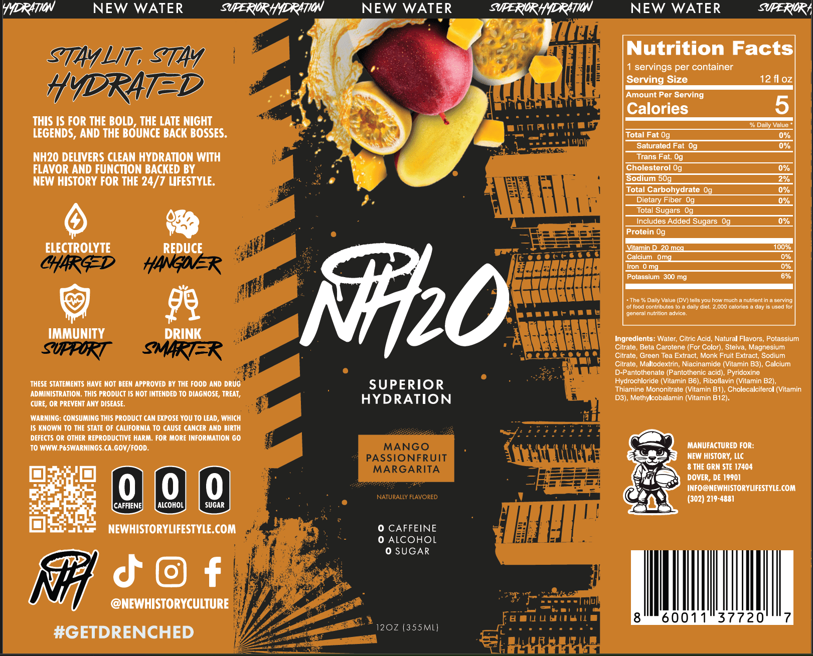 NH2O Superior Hydration Drink Mango Passionfruit Flavored Pack Zero Sugar Zero Caffeine Electrolyte 12-pack