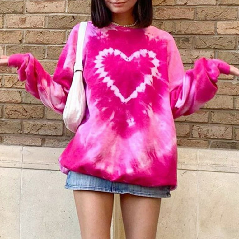 Women Long Sleeve O-Neck Sweatshirt Pink Heart Tie-Dye Women Long Sleeve O-Neck Sweatshirt Pink Heart Tie-Dye