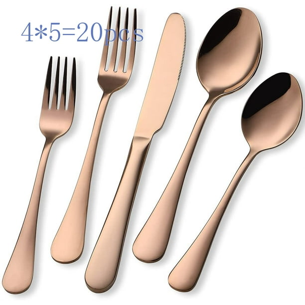 Rose Gold Silverware Set, 20 Piece Stainless Steel Flatware Cutlery Set for 4, Mirror Finish