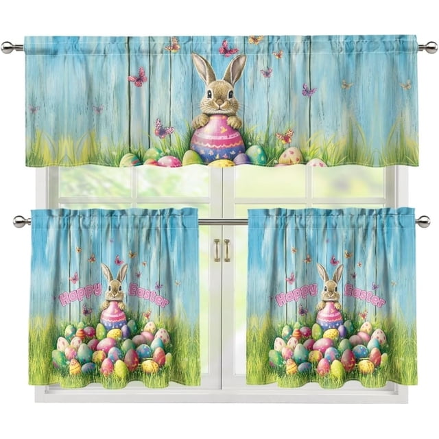 Happy Easter Bunny Kitchen Curtain Valance and Tiers Cute Rabbit 24 Inch Length Tier Curtains with Valance Rod Pocket Window Tiers Home Collection,3 Pack Holiday Decoration,Size S