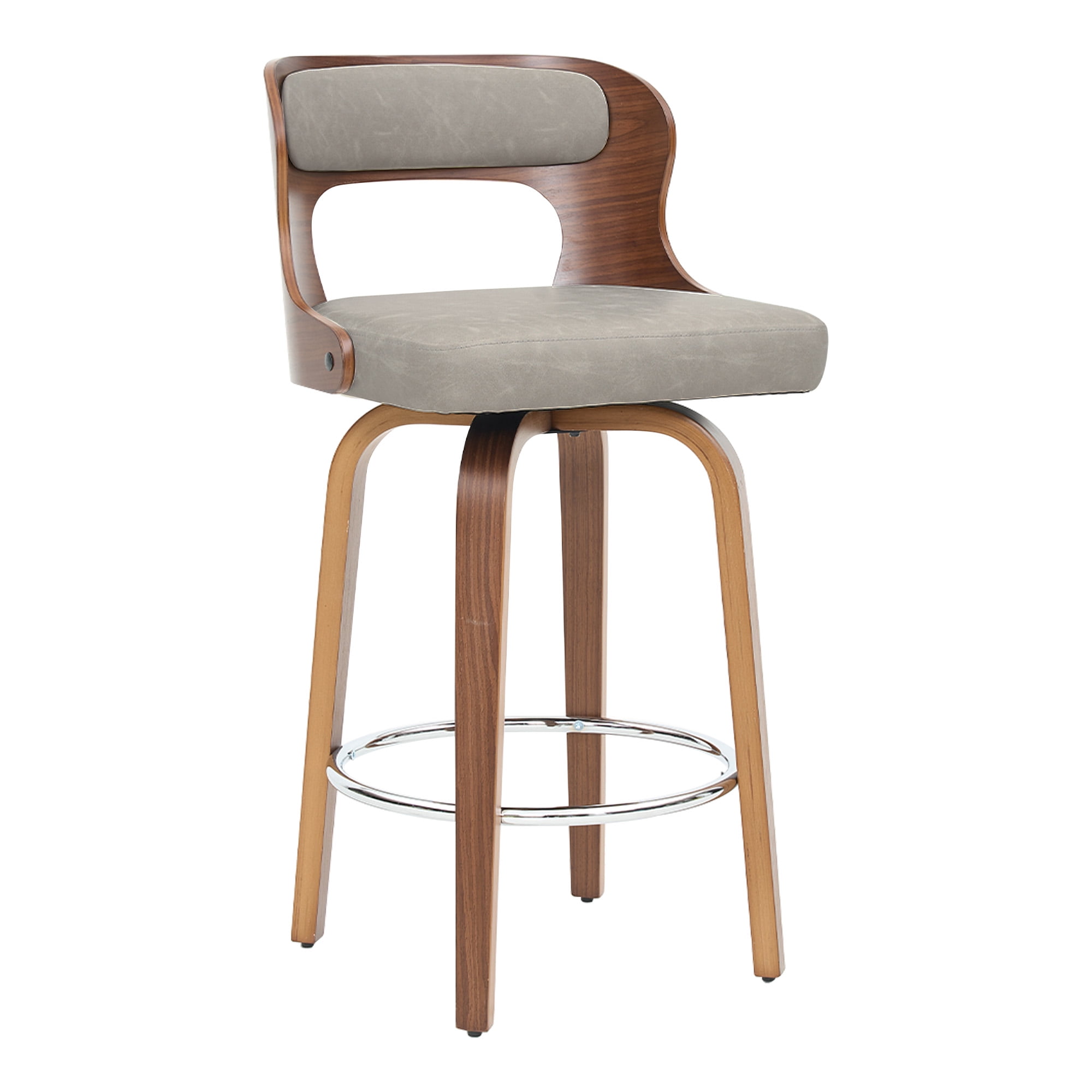 ClinQ 26 inch Swivel Bar Stool Set of 1, Counter Height Bar Chair with Walnut Legs and Silver Ring Footrest, Upholstered Faux Leather, Gray