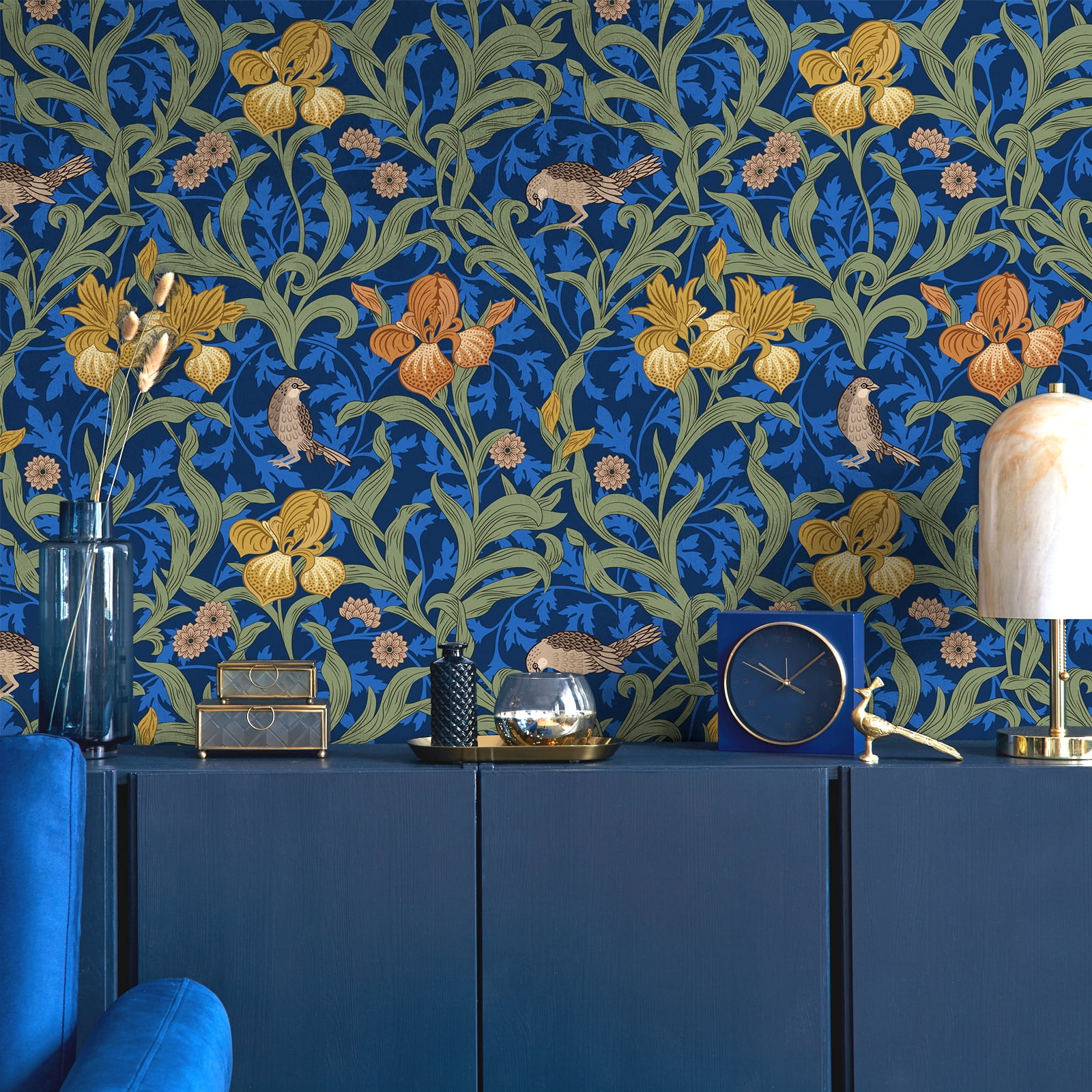 VEELIKE 17.7''x354'' Blue Bird Damask Vintage Floral Wallpaper for Bedroom Peel and Stick Wallpaper Boho Removable Self Adhesive Flower Wall Mural Blue Floral Contact Paper for Cabinets Drawers