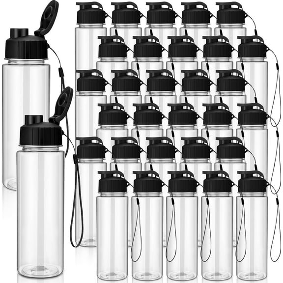 30 Pieces Water Bottle Bulk Plastic Water Bottles Bulk with Handle Strap Lightweight Leakproof Drink Flip Top Bottles for Adults Fitness Gym(Classic Style,Black)