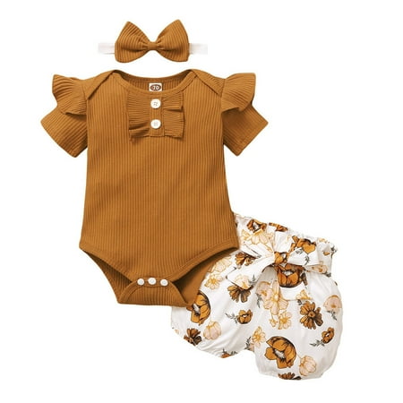 

Dooleck Baby Girl Clothes Ribbed Ruffle Bodysuit Floral Bow Shorts Set 3PCS Outfit