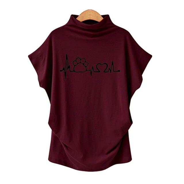 Blouse Décontractée en Coton à Manches Courtes Col Roulé pour Femmes, Grande Taille