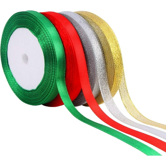 JANYUN 4 Rolls 100 Yards Christmas Ribbon Metallic Glitter Fabric Holiday Ribbon 10mm Wide For Gift Wrap Decoration
