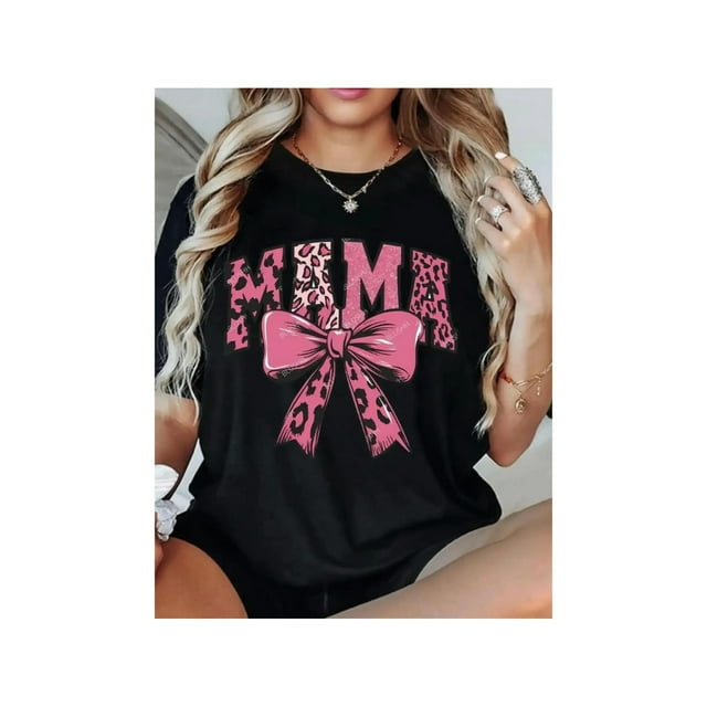 MaMa Leopard Bow Graphic T-Shirt – Women’s oversized Crew Neck Tee, Mother’s Day Gift