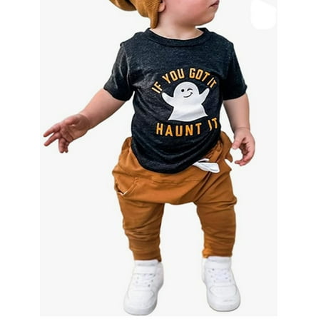 

Infant Baby Boys Halloween Outfits Cute Ghost Print Short Sleeve Tops Tee Shirt and Jogger Pants Trendy Clothes Set