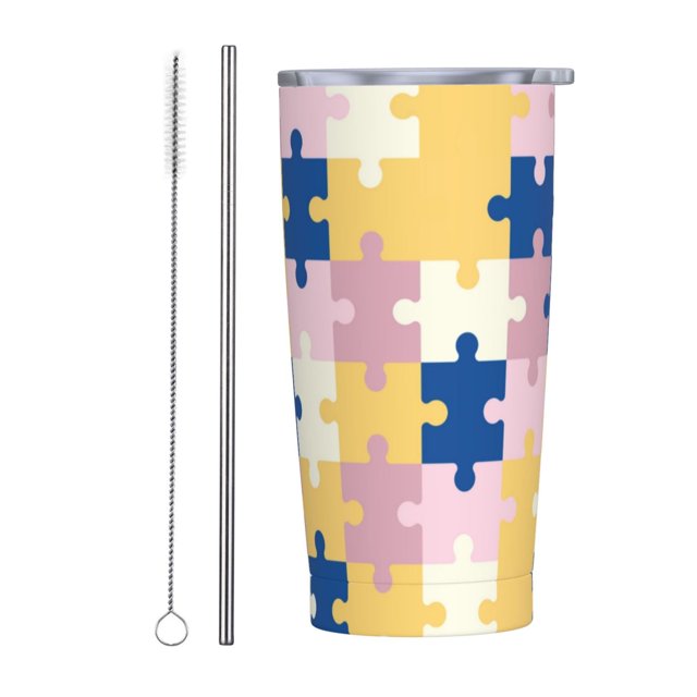 Taza térmica portátil de acero inoxidable con pajita y aislamiento de 20 oz para el mes de concientización sobre el autismo