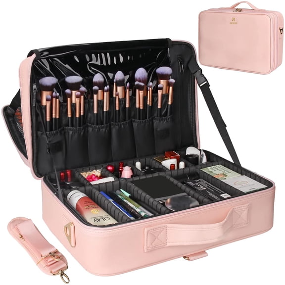Makeup Case Large Makeup Bag Professional Train Case 16.5 inches Travel Cosmetic Organizer Brush Holder Waterproof Makeup Artist Storage Box, 3 Layer Large Capacity, with Adjustable Strap
