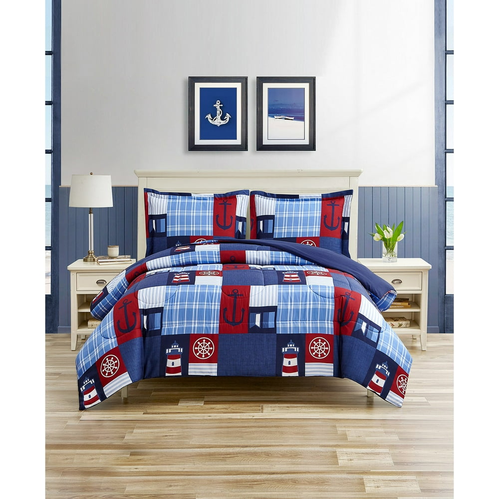 Red & Blue Nautical Lighthouse & Anchor Patchwork Reversible King 3Piece Comforter Set